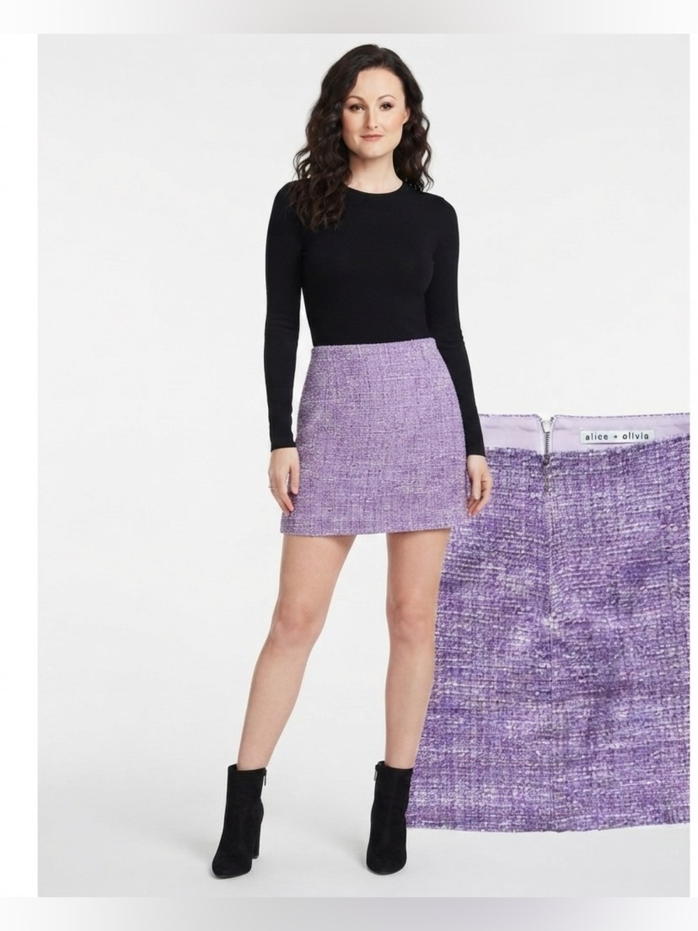 Alice + Olivia Purple Tweed Back Zip Miniskirt Lined Size 8